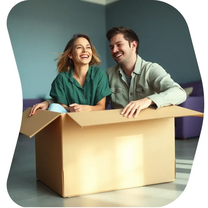 Two guys sitting on the floor of their apartment with Muval moving boxes